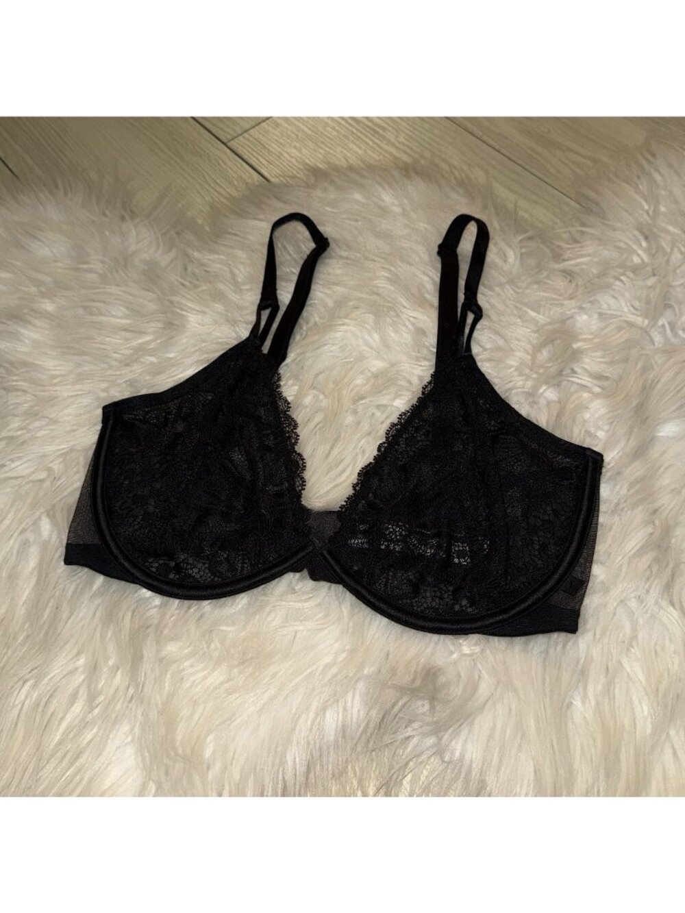 Victorias Secret Unlined Demi Bra Lace Semi Sheer Underwire Womens 32DD Black